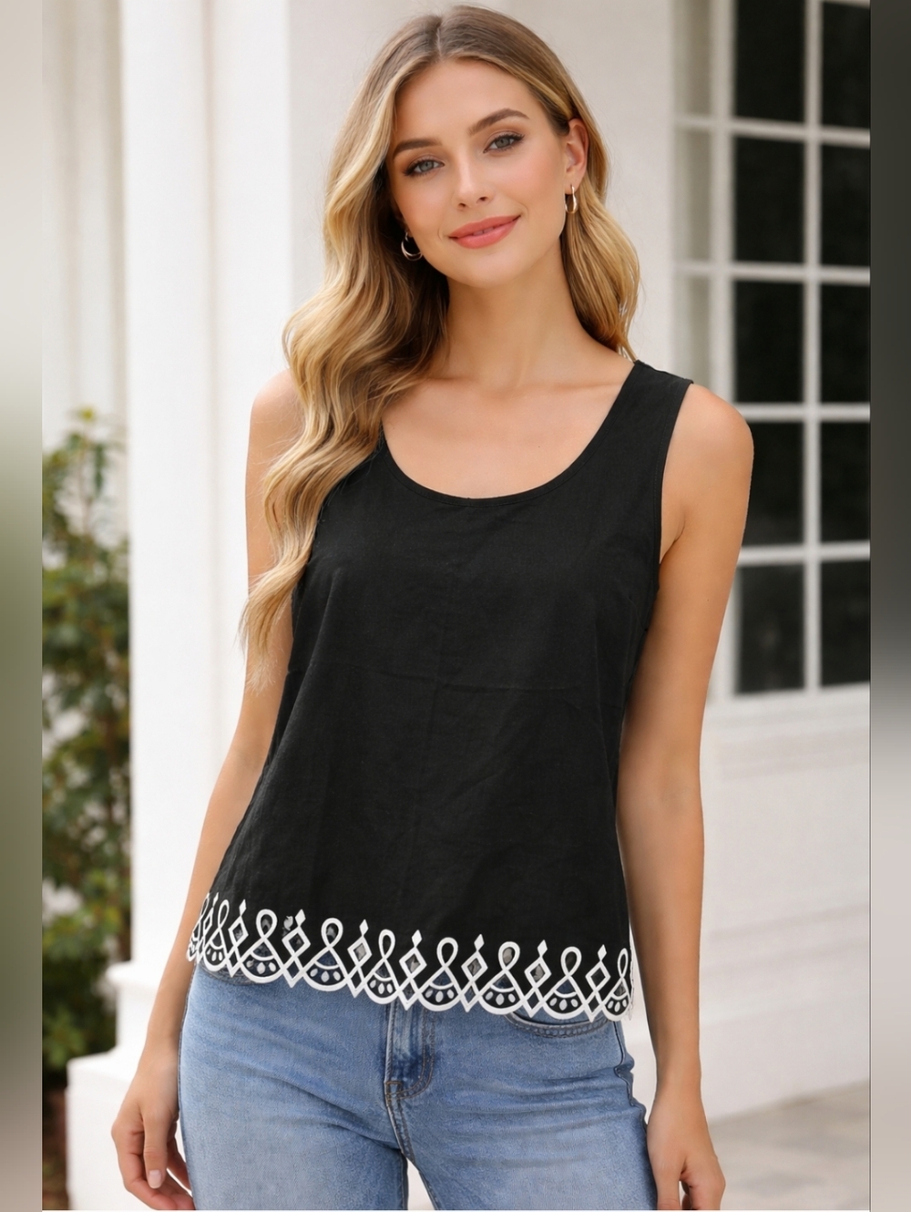 NWT Bob Mackie Wearable Art Linen Blend Embroidered Cut-Out Dressy Tank Top Med